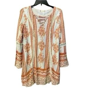 Altar’d State Women’s boho caftan shift mini dress lined lace orange white small